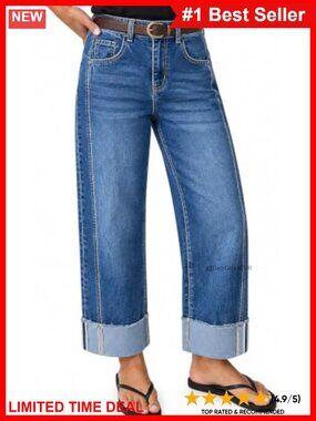 High Waisted Cropped Wide Leg Stretch Denim Jeans Raw Cuffed Hem
